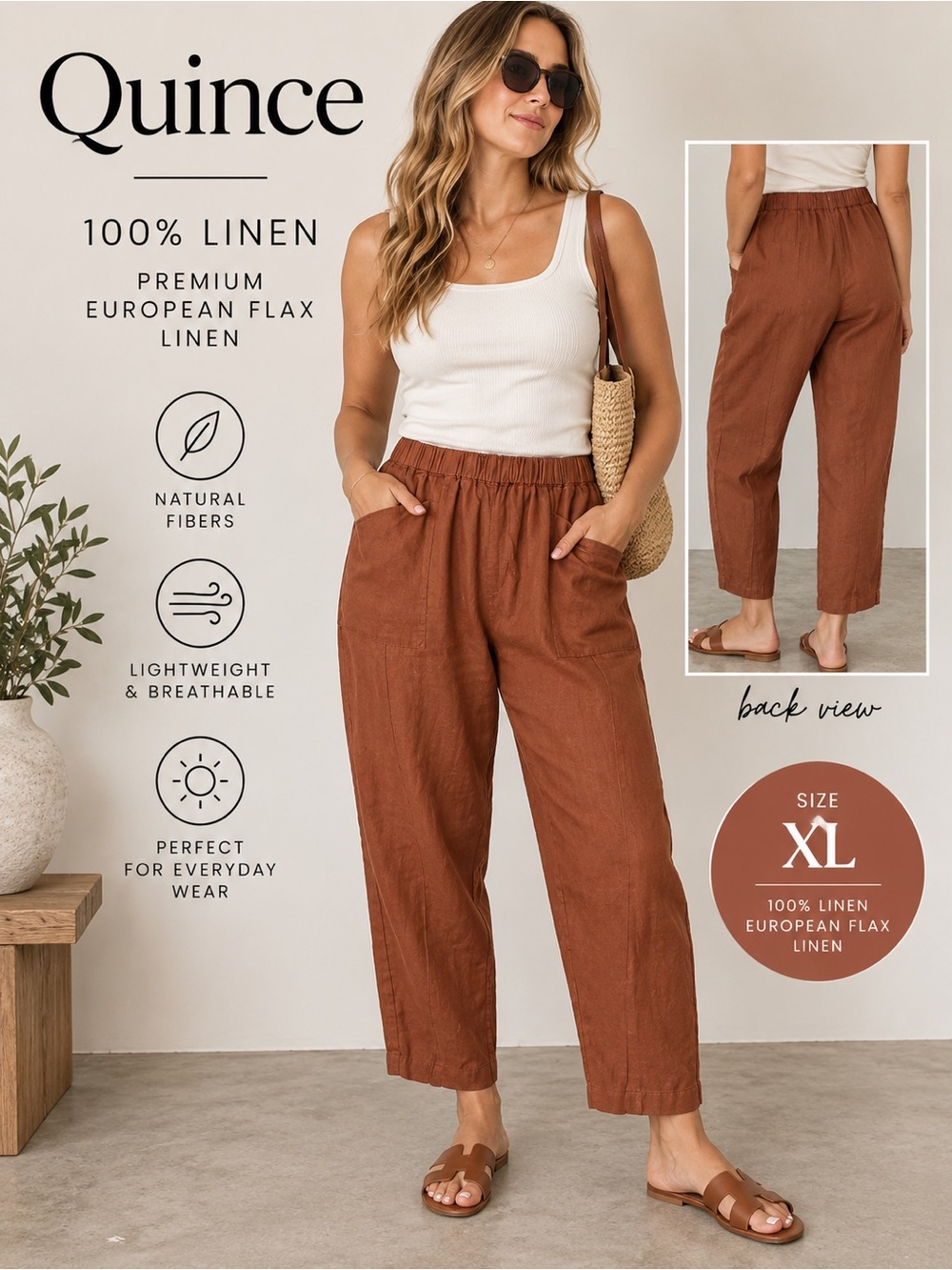 Quince XL 100% European Linen Pull On Pants Rust Brown Tapered Ankle